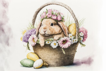 Easter bunny in basket watercolor, Generative AI