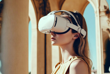 a young woman visits a fictional place by virtual reality with h