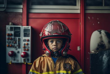 a young child, a little boy, a fireman wearing a helmet with fic
