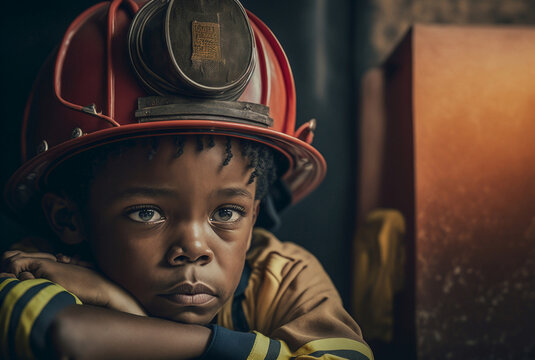 a young child, a little boy, a fireman wearing a helmet with fic
