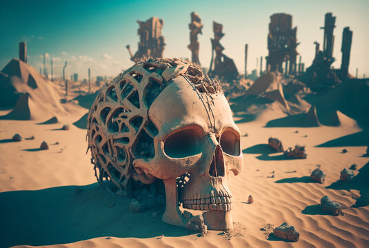 a fictional skull, bones in the desert, oversized skull with abs