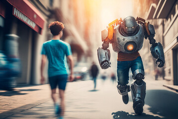a running humanoid robot with artificial intelligence threatens,