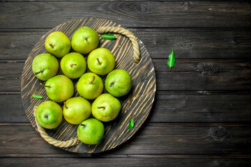 Fresh pears on tray.