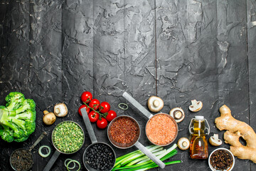 Organic food. Different healthy vegetables and fruits with beans.