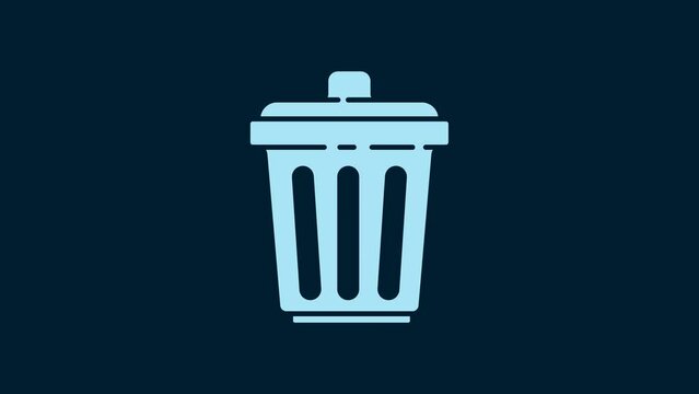 White Trash can icon isolated on blue background. Garbage bin sign. Recycle basket icon. Office trash icon. 4K Video motion graphic animation