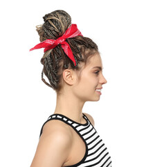 Naklejka premium Beautiful woman with stylish african braided bun and headband on white background