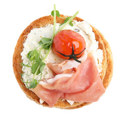 Tasty rusk with prosciutto, cream cheese and tomato on white background, top view