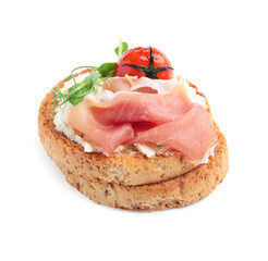 Tasty rusk with prosciutto, cream cheese and tomato on white background