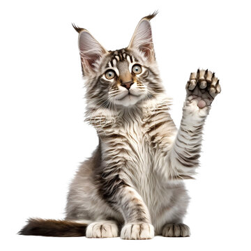 un chat maine coon qui fait bonjour avec sa patte - illustration sur fond transparent - g&eacute;n&eacute;r&eacute; par IA