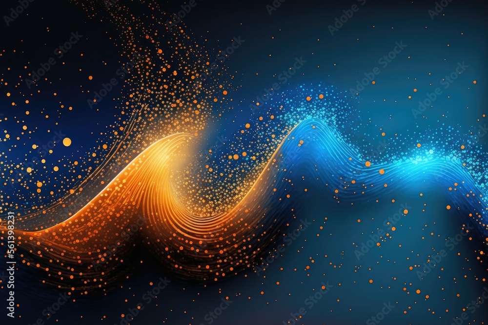 Wall mural blue and orange synth wave with shiny glitter particles abstract background