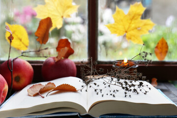 Naklejka na ściany i meble Book with dried flower, leaves as bookmark and ripe apples on table near window