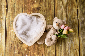 Digital photography background heart with bear for newborn and baby