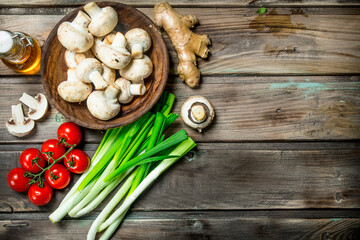 Healthy food. Variety of organic vegetables and mushrooms .