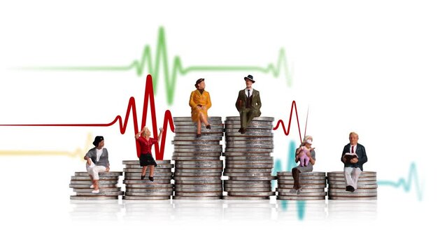 Business concept with coins and miniature people. Various miniature people sitting on piles of coins of different heights.
