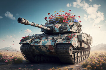Tank that shoots flowers - peace concept (created with Generative AI) - obrazy, fototapety, plakaty