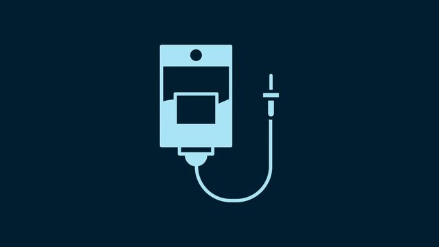 White IV bag icon isolated on blue background. Blood bag. Donate blood concept. The concept of treatment and therapy, chemotherapy. 4K Video motion graphic animation