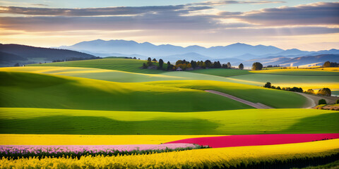 Obraz premium farm in farmland with a field of flowers and mountains in the background, with rolling hills and immaculate rows of crops.