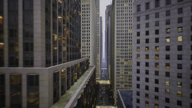 Fpv Drone Flies Over the Streets next to Modern Skyscrapers in the Center of a large Metropolis City. Digital Cinematic Metropolitan City