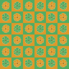 Seamless Pattern in Retro 1970 Peace Style. Floral Seventies Background. Groovy Flowers. Hand Drawn Vector Illustration. Trendy Texture Designed for fabric, textile, printing