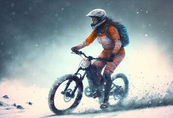 Naklejka premium woman on bike in winter created with Generative AI technology
