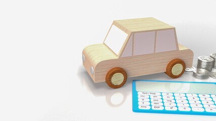 Obraz premium The toy wood car and blue calculator on white background 3d rendering
