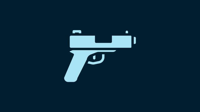 White Pistol or gun icon isolated on blue background. Police or military handgun. Small firearm. 4K Video motion graphic animation
