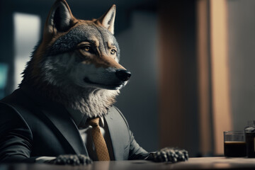 portrait of a wolf in a business suit at the office, generative ai - obrazy, fototapety, plakaty