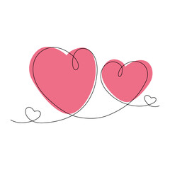 Continuous line Hand drawn hearts on background two hearts in trendy shades. Happy Valentines day.