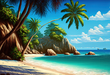 Plakat tropical island with beautiful beach created with Generative AI technology