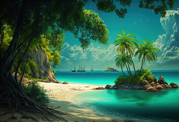 Plakat tropical island with beautiful beach created with Generative AI technology