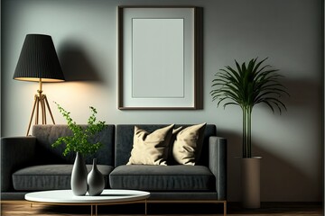 Mockup poster frame on the wall of living room. Luxurious apartment background