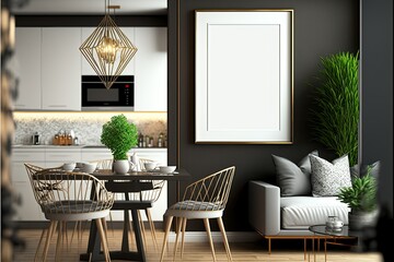 Mockup poster frame on the wall of living room with kitchen and dining room. Luxurious apartment background