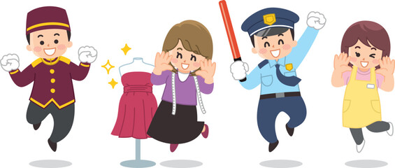 働く人々　ホテルマン　ファッションデザイナー　警備員　介護士　スタイリスト　ガードマン　保育士