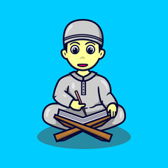 Cute boy reading Al Qur'an vector illustration stock.flat cartoon style.suitable for icon ramadan mascot,sticker,banner,wallpaper,et