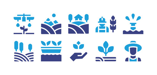 Farm icon set. Duotone color. Vector illustration. Containing 
smart farm, hills, house, agronomy, irrigation, farm, hydroponic gardening, cultivate, farmer.