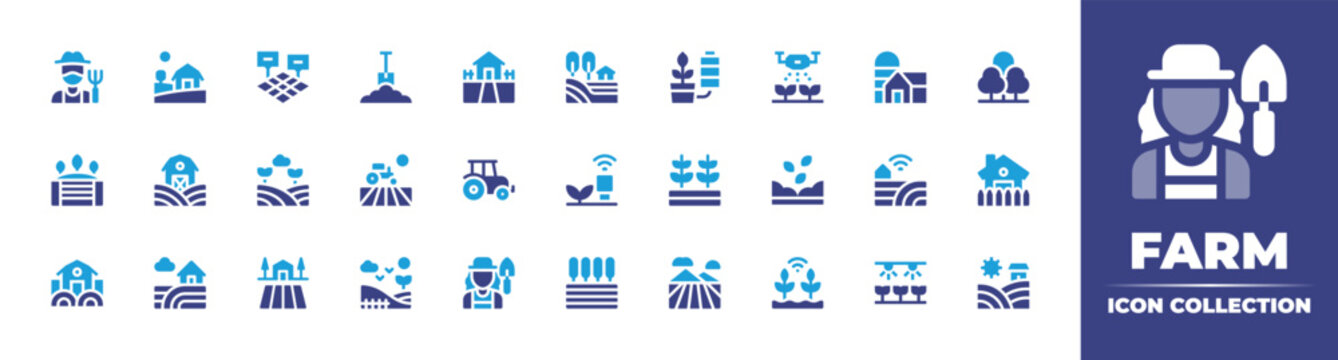 Farm icon collection. Duotone color. Vector illustration. Containing farmer, farm, field, soil, house, hill, bio mass, watering, barn, trees, seeding, tractor, smart farm, agriculture, and more.