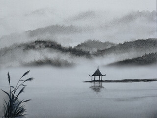 watercolor landscape river mountains pavilion on the fog .traditional oriental ink asia art style.	 - 561403422