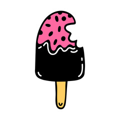 Bitten ice cream vector icon. Cold strawberry dessert in chocolate glaze with sprinkling. Hand drawn simple doodle isolated on white. Delicious summer treat on a stick, popsicle. Flat cartoon clipart