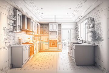 Architectural Rough Exploration Drawing of a Custom Kitchen Interior - Generative AI.