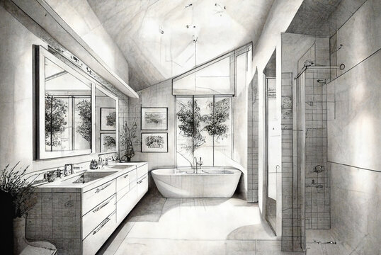 Architectural Rough Exploration Drawing of a Custom Bathroom Interior - Generative AI.