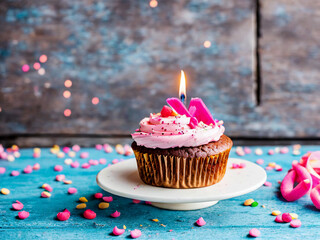 Birthday cupcake decorated with pink cream and sweets