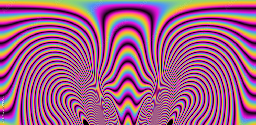 Poster texture of a glitched tv screen with wavy and distorted moire pattern in acid colors.