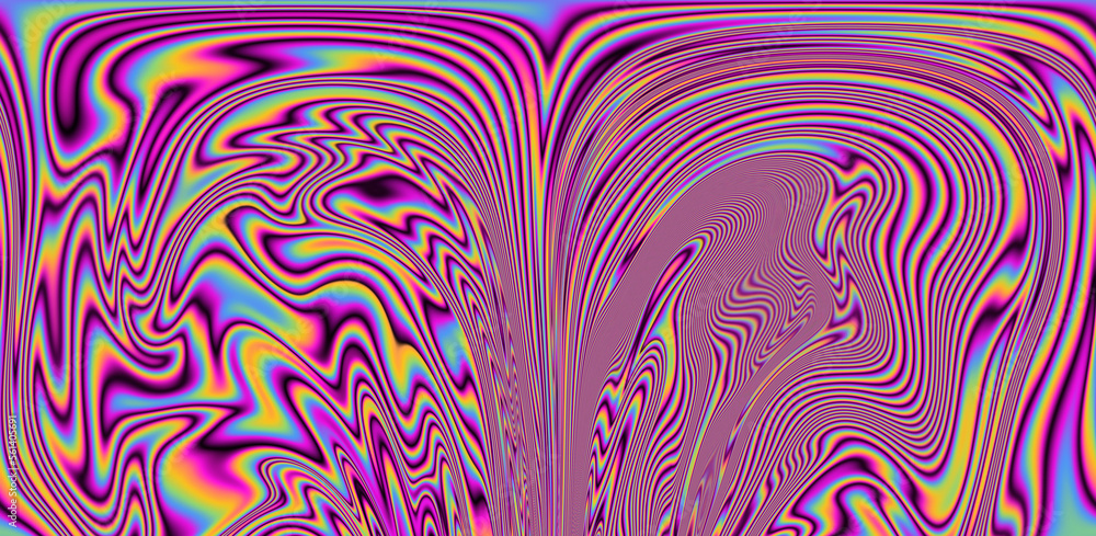 Poster texture of a glitched tv screen with wavy and distorted moire pattern in acid colors.