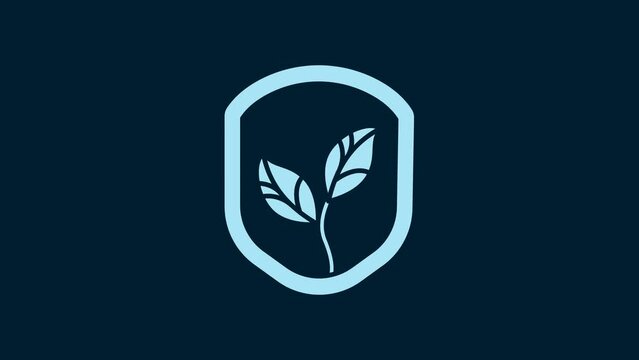 White Shield with leaf icon isolated on blue background. Eco-friendly security shield with leaf. 4K Video motion graphic animation