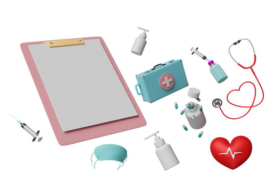 3d check list template with first aid kit bag, stethoscope, syringe, red heart, blood pressure heart rate isolated. health love or world heart day concept, 3d render illustration
