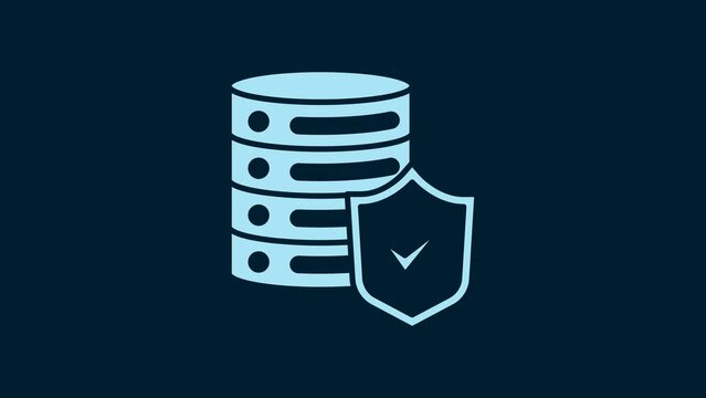 White Server with shield icon isolated on blue background. Protection against attacks. Network firewall, router, switch, data. 4K Video motion graphic animation