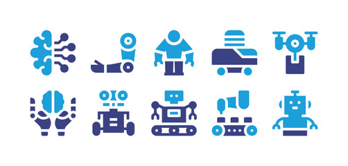 Robotic icon set. Duotone color. Vector illustration. Containing artificial intelligence, prosthetic, robot, drone, industrial robot.