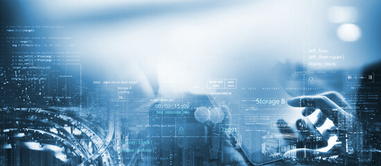 Digital technology, software development concept. Coding programmer, software engineer using digital tablet with circuit board and javascript on virtual screen, internet of things IoT