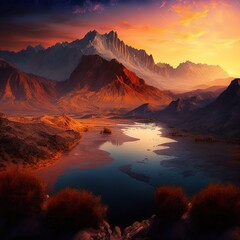 Mountain Beautiful Sunset Art Wallpaper Background
