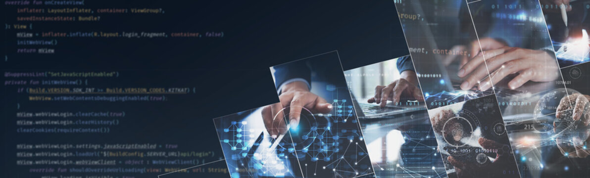 Software technology development, agile methodology, internet network technology concept. Software developer team working on modern computer with javascript computer code,  future tech background